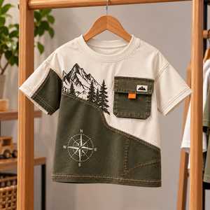 T-shirt graphique surdimensionné pour garçons, streetwear décontracté pour enfants, haut en coton à manches courtes et col rond, imprimé dinosaure, jeep, montagne, aventure - Product Image 4