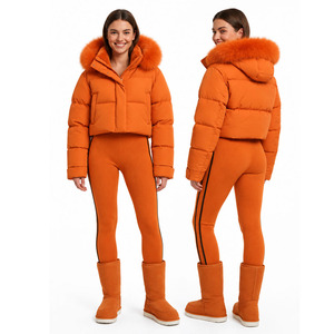 Ensemble de vêtements d'hiver pour femmes personnalisé, veste courte matelassée avec capuche en fausse fourrure amovible et leggings extensibles - Product Image 2