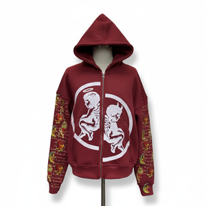 เสื้อฮู้ดโอเวอร์ไซส์สีขาวแบบซิป พร้อมลายพิมพ์แองเจิลเดวิล สไตล์สตรีทแวร์ ยูนิเซ็กส์ ผ้าฝ้ายเฟรนช์เทอร์รี่ เสื้อฮู้ดลำลองผ้าเฟรนช์เทอร์รี่ - Product Image 3