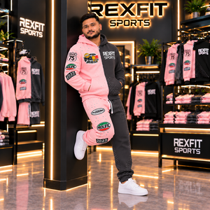 Conjunto Deportivo Rexfit 2026, Sudadera con Capucha y Cremallera en Bloques de Color Rosa y Negro, Personalizable, para Hombre, con Pantalones Jogger a Juego - Product Image 6