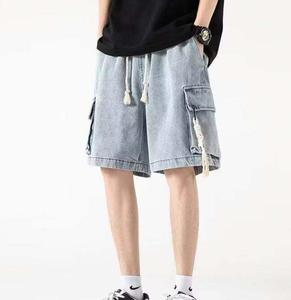 Shorts cargo bleu clair pour homme, taille mi-haute, cordon de serrage, en toile de coton, décontractés, style respirant avec poches - Product Image 3