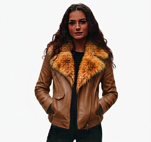 Blouson bomber tendance pour femme en cuir véritable avec col en fourrure, coupe-vent d'hiver, épais, manches longues, longueur standard, vêtement de mode - Product Image 4