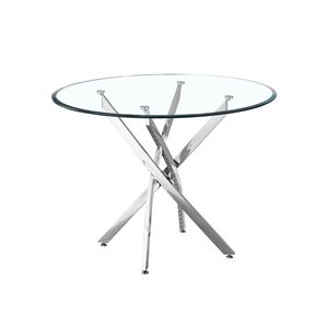 Tavolo da Pranzo Contemporaneo in Vetro Temperato Trasparente con Gambe in Acciaio Inossidabile Finitura Argento, Tavoli da Pranzo Rotondi Contemporanei - Product Image 1