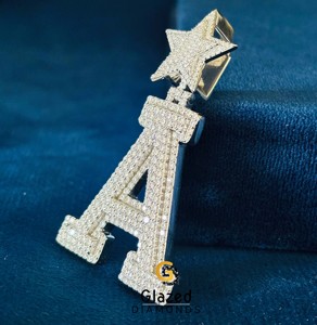 Nouveau pendentif hip-hop pour homme, lettre A personnalisée, entièrement sertie de moissanite VVS taille brillant rond, en or blanc 14K, style glamour - Product Image 3