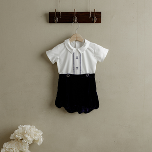 Ensemble de vêtements 2 pièces pour tout-petits garçon au design de qualité Chemise bleue à manches courtes et velours noir-Dylan pour occasions spéciales - Product Image 1