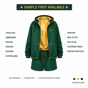 <b>Women</b> Matching <b>Jacket</b> Shorts Set Blank Plain No Logo Adjustable Hood Drawstring <b>Packable</b> Windbreaker Fabric Private Label Wear - Product Image 3