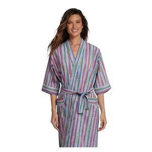 Robe mi-longue rayée pour femme, col mandarin, manches courtes, en coton tissé et fibre de bambou, douce, décontractée, printemps, fermeture à cordon - Product Image 1