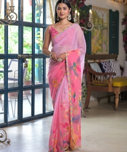 Sari de Fiesta KV de Rayón Georgette con Estampado Floral Tradicional - Product Image 6