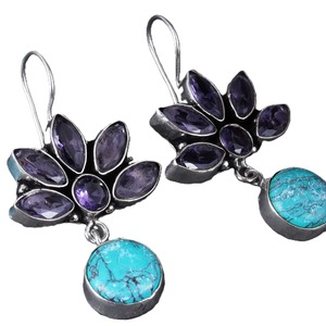 Pendientes de Aro Turquesa Estilo Bohemio Tribal de Moda al por Mayor |   Proveedor de Joyería de Plata Oxidada con Diseño de Flores Étnicas - Product Image 3