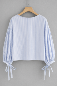 Chemisier rayé à col en V pour femme, manches longues, mignon, décontracté, boutonné, avec détail nœud, couleur bonbon, haut d'été - Product Image 3