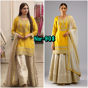 Yellow Silk Embroidered <b>Kurta</b> With Beaded Work Full Sleeve Sharara Set For <b>Women</b> Traditional Indian Pakistani Wedding Wear - Product Image 5