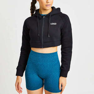 Haut court à capuche oversize uni pour femme en molleton bouclette avec broderie personnalisée et impression en relief, pour le yoga et la gym, vêtement de sport - Product Image 4