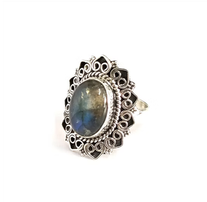 Oxidized 925 Sterling Silver <b>Ring</b> Wholesale Natural Blue Flash Oval <b>Labradorite</b> Crown Filigree Statement Band - Product Image 2