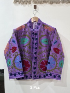 Manteau d'hiver bohème violet en velours brodé, motif floral, manches longues, col rond, grande taille, vêtements d'extérieur décontractés pour femmes - Product Image 3