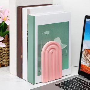 Boho Arch <b>Wooden</b> Bookends Decorative <b>Rainbow</b> Book Stoppers with Non Slip Metal Base for Bookshelves Home Office Desk Decor - Product Image 2