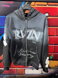 Custom Vintage Zipper Embroidered Rhinestone Streetwear Silk Screen Printing Acid Wash Oversized 100% Cotton Winter Men Hoodies - Product Image 1