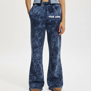 Custom Women's Blue Acid Wash Flare Sweatpants 100% Cotton French Terry Bell Bottom Joggers Lightweight Streetwear Fashion - Product Image 4