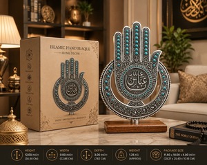 Sculpture artisanale en argent de la main de Hamsa avec incrustation de turquoise, pièce d'art décorative religieuse pour présentation sur table - Product Image 4