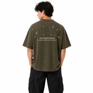 Distressed Wash Streetwear <b>men's</b> <b>shirts</b> Tackle Twill Fabric Applique Oversized T-<b>Shirt</b> Short Sleeves Custom Embossed Front Logo - Product Image 4