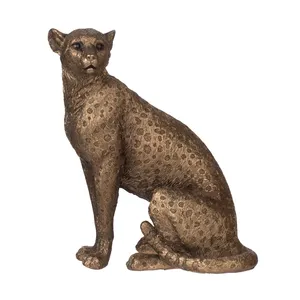Sculpture en métal de léopard assis en bronze antique, statue de chat sauvage de luxe pour le salon, le bureau et la décoration de la maison de style safari - Product Image 3