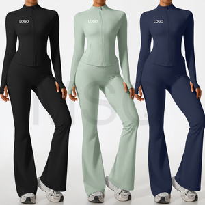 Conjunto Deportivo de Mujer en Color Sólido, Manga Larga, Cierre de Cremallera, Cuello Alto, Estilo Deportivo con Bolsillos Laterales, Ropa Casual de Primavera - Product Image 2