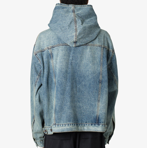 Sudadera con Capucha de Alta Calidad, Estilo Hip Hop, Lavado Ácido, Azul Desgastado, Oversize, con Logotipo de Pedrería en la Parte Delantera, Estampado Digital a Cuadros - Product Image 3