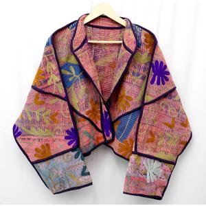 ART&ART Kantha Vintage Handmade Eco-Friendly Reversible Open Stitch Free Size Cotton Women's <b>Cardigan</b> <b>Coat</b> Blazer Indian Jacket - Product Image 1