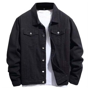 Veste en jean noire pour homme, col rabattu, simple boutonnage, coupe classique, en coton tissé, style automne - Product Image 1