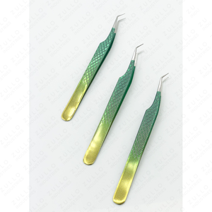 Ensemble de pinces à cils Green Diamond Grip, 3 pièces, acier inoxydable, forme en L, applicateurs classiques pour extensions de cils, professionnels - Product Image 3