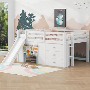 Letto a soppalco basso bianco a una piazza e mezza con scivolo, tre cassetti portaoggetti e due ante - Letti per bambini - Product Image 2
