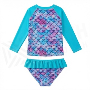 Girls Mermaid Scale Print 2 Piece Swim <b>Set</b> With Ruffles And Long Sleeve Top Anti-Uv Protection - Product Image 2