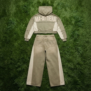 Conjunto deportivo informal de dos piezas para mujer, con sudadera corta con cremallera y pantalones anchos de chándal. - Product Image 6