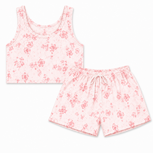 Women Breathable Eco-Friendly Collarless <b>Pink</b> Floral Printed 2 Piece Set Sleeveless <b>Crop</b> Tank <b>Top</b> Elastic Waist Shorts Casual - Product Image 4