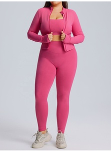 Wholesale Fitness 3 Piece Women Gym Yoga Wear Set Workout Seamless Long Sleeve Sports Suit <b>Crop</b> <b>Top</b> Full Sleeve Zipper Sports - Product Image 3