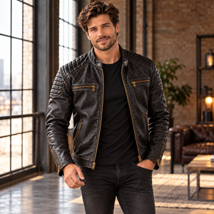 Black <b>Genuine</b> <b>Leather</b> Motorcycle <b>Jacket</b> for <b>Men</b> with Quilted Shoulders, Brass-Tone Zippers, Zip Cuffs, Stand Collar and Pockets - Product Image 5
