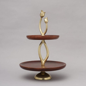 Two-Tier Wooden <b>Cake</b> <b>Stand</b> Featuring Rich Brown Trays Twisted Brass Metal Central Pillar & Twin Tulip Finial Handles For Serving - Product Image 1
