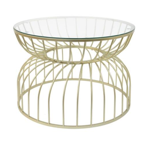 Mesa de Centro Redonda con Vidrio Templado y Estructura de Acero con Alambres Cruzados y Galvanoplastia Dorada - Product Image 2