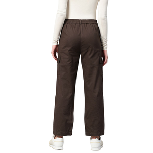 Pantalon cargo taille haute pour femme en toile rose unie, décontracté, longueur intégrale avec poches, style printemps, coupe droite, fermeture boutonnée - Product Image 5