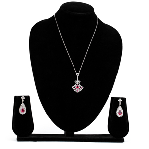 Elegant <b>Ruby</b> Teardrop Halo Jewelry Set Sterling Silver <b>Necklace</b> and Dangle Earrings Bridal Wedding Anniversary Gift for Women - Product Image 2