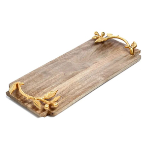 Eco-Friendly Wood Serving <b>Tray</b> With Golden Leaf Branch Design Decorative Handles <b>Snack</b> & Dessert Platter For Home And Gifting - Product Image 6
