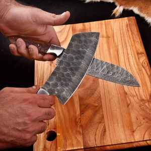 Ensemble de couteaux de cuisine en acier Damas sur mesure, 2 pièces, couteau de chef et hachoir forgés à la main avec manche en bois sculpté, gravé professionnellement - Product Image 2