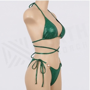 NORTH APPROACH Green Sequined 2 Piece <b>Bikini</b> <b>Set</b> Crossed Halter Top Tie Side Bottoms Women Swimwear - Product Image 3