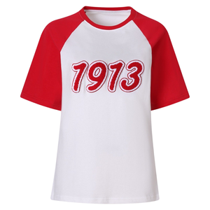 T-shirt personnalisé pour femmes avec lettres grecques, blanc et rouge, manches raglan, broderie en chenille, DST Delta Sigma Theta - Product Image 1