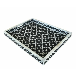 Bandeja Rectangular Decorativa de Lujo Moderno para el Hogar, Color Beige con Incrustaciones de Hueso, Patrón Floral Geométrico Tradicional, Hecha a Mano y Pulida - Product Image 2