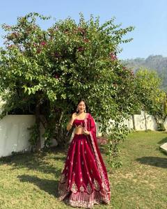 Ensemble de lehenga traditionnel indien pakistanais brodé marron pour femme, longueur au sol, en soie, coupe classique - Product Image 4