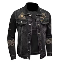 Blouson moto en jean noir pour homme, confortable, brodé, motif uni, coupe ajustée, col rabattu, style hiver
