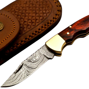 Custom Handmade Damascus <b>Steel</b> Lock Back Folding Knives with Dark Brown Wooden Handle Brass Bolster for Hunting Camping <b>Outdoor</b> - Product Image 6
