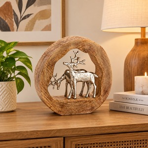 Sculpture de cerf circulaire en bois faite à la main, figurine en métal argenté, décoration de table, décoration rustique de Noël pour le salon, décoration de la maison - Product Image 2