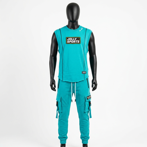เสื้อยืดแขนกุดผ้าคอตตอนเทอร์รี่สีน้ำเงินหนัก 260 GSM พร้อมกางเกงจ็อกเกอร์ พิมพ์ลาย DTG ชุดเสื้อยืดแขนกุดและกางเกงสำหรับผู้ชาย - Product Image 4