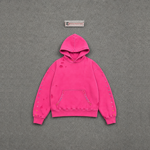 เสื้อฮู้ดดี้สีชมพูทรงโอเวอร์ไซส์ แฟชั่นสไตล์ดิสเทรส ผ้าฟลีซเนื้อนุ่ม ทรงหลวม ใส่สบาย สตรีทแวร์ทันสมัย ไซส์ C - Product Image 5
